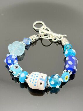 Blue Owl Lampwork Millefiori Faceted Flower Glass Beads Handmade Bracelet LR225